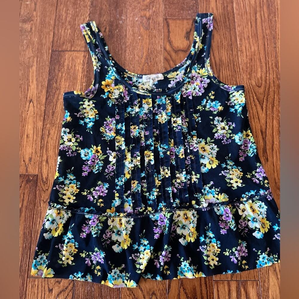 Aeropostale Ladies M Medium Navy Floral Flouncy Tank Top Sheer Pleated Romantic